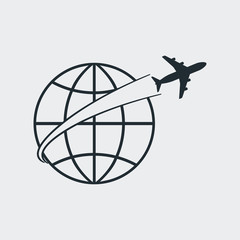 Icono plano avion alrededor del mundo en fondo gris