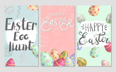 A set of Easter cards. Modern backgrounds with traditional attributes of Easter
