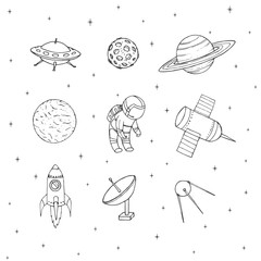 Hand drawn vector space elements outline: cosmonaut, satellites, rocket, planets, moon and UFO. Cosmos set isolated on the white background.