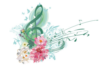 Abstract treble clef decorated with summer and spring flowers, notes. Hand drawn vector illustration.