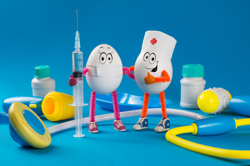 Funny Easter egg doctor with various medical equipment