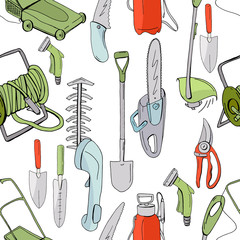 Seamless pattern with different objects and tools for gardening. Endless texture for season design