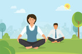 Flat vector illustration of calm woman and man doing meditation in the lotus position in the park on the green field. People relaxing and meditating alone with nature after hard work ing day