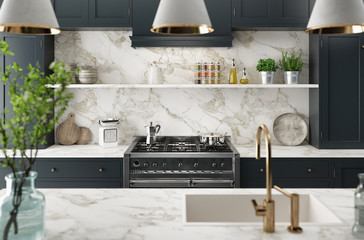 Cucina moderna realistica, design minimal in legno e marmo, render 3d