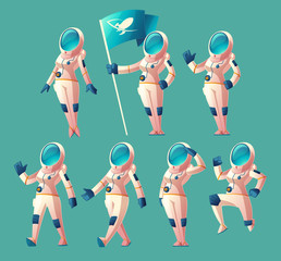 Vector set with cartoon astronaut girl in spacesuit and helmet, in different poses, holding flag, waving hand, walking, running. Clipart with cute women cosmonaut characters, space explorer or pilot
