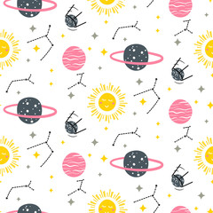 Stars and planets seamless vector pattern.