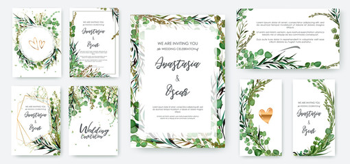 Wedding invitation frame set; flowers, leaves, watercolor, isolated on white. Sketched wreath, floral and herbs garland with green, greenery color. Handdrawn Vector Watercolour style, nature art.