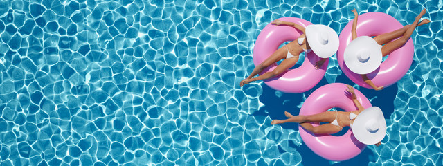 women swimming on float in a pool. 3d rendering