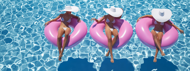 women swimming on float in a pool. 3d rendering