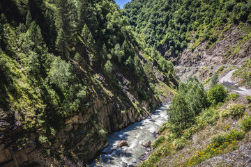 Enguri River seen from road to villages community called Ushguli in Upper Svanetia region, Georgia