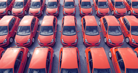 Aerial view on parked cars for sale on a lot 3D Rendering