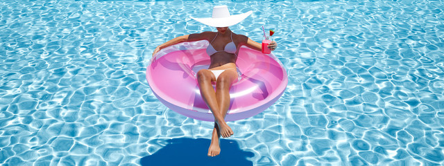 woman swimming on float in a pool. 3d rendering
