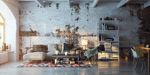 panorama view inside vintage brick loft apartment