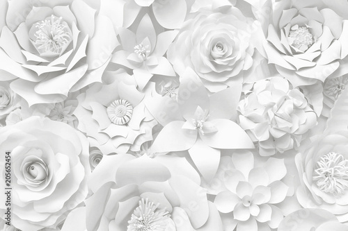 Fototapeta White paper flower wall, floral background, wedding card, greeting card template