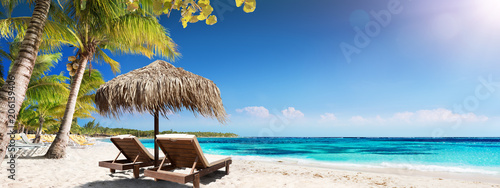 Фото: Caribbean Palm Beach With Wooden Chairs And Straw Umbrella - Idyllic Island Caribbean Palm Beach With Wooden Chairs And Straw Umbrella - Idyllic Island