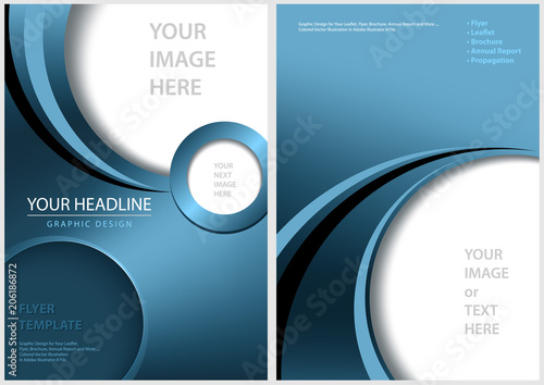 Вектор: Blue Front and Back Flyer Template with Geometric Elements and Stripes - Graphic Editable Illustration, Vector Blue Front and Back Flyer Template with Geometric Elements and Stripes - Graphic Editable Illustration, Vector