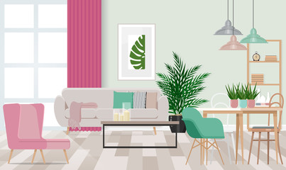 Interior design of a fashionable room in beige-gray tones with pastel elements of interior and decoration. Vector flat illustration.