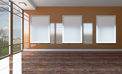 Blank paintings.  Mockup. Conference room with wooden table. 3D rendering.