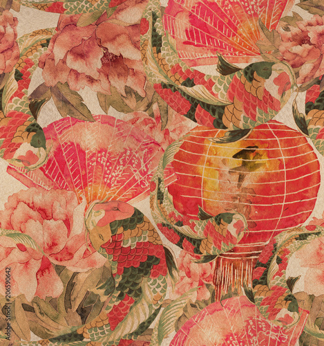  Vintage Asian seamless pattern Watercolor stock image in Asian style. fan, sakura branch.  © Арина Трапезникова