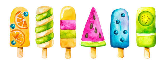 Watercolor clip art set with colorful icecream