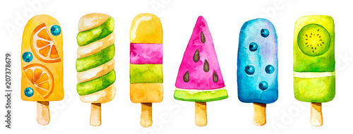 Иллюстрация: Watercolor clip art set with colorful icecream Watercolor clip art set with colorful icecream