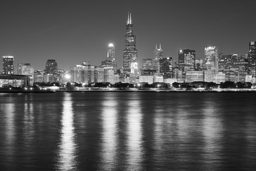 Black and white Chicago waterfront panorama at night, USA.