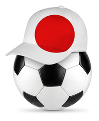 Classic black white leather soccer ball japan japanese flag baseball fan cap isolated background sport football concept
