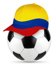 Classic black white leather soccer ball columbia columbian flag baseball fan cap isolated background sport football concept