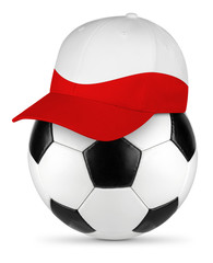 Classic black white leather soccer ball poland polish flag baseball fan cap isolated background sport football concept