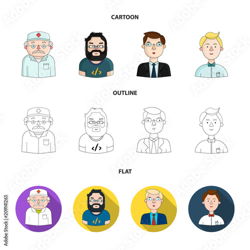 Вектор: Doctor in a dressing-gown with a red cross on his head, a hacker with a beard in a T-shirt and glasses, a businessman in a tie, a waiter in a gastronome, a butterfly. People of different professions Doctor in a dressing-gown with a red cross on his head, a hacker with a beard in a T-shirt and glasses, a businessman in a tie, a waiter in a gastronome, a butterfly. People of different professions