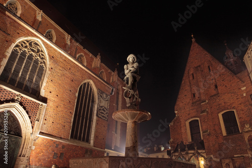 Plakat Kraków nocą, plac Mariacki z fontanną studencką, tył kościoła św. Marii, Polska