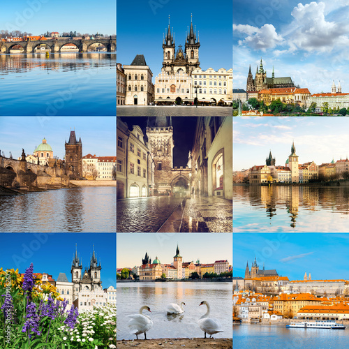 Plakat Widoki miasta Pragi, w tym Most Karola, katedra św. Wita, ulice i brzeg rzeki