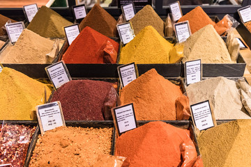 Spices on display in a French supermarket. Paris, France