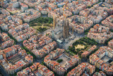 Barcelona aerial view, Eixample residencial district and Sagrada Familia Basilica, Spain