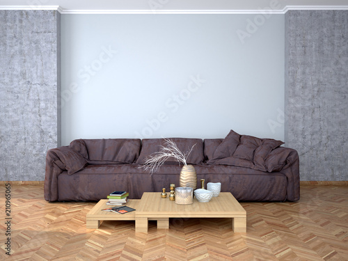 Иллюстрация: Interior design of the room with a sofa. 3d illustration Interior design of the room with a sofa. 3d illustration