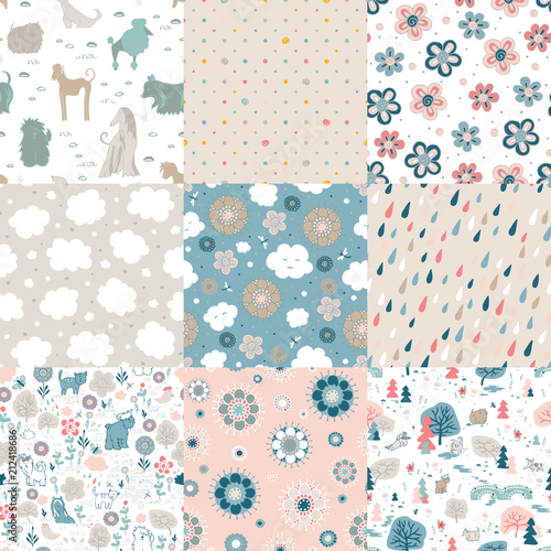 Вектор: Funny and cute cloud, flowers, dogs. 9 different seamless patterns. Funny and cute cloud, flowers, dogs. 9 different seamless patterns.