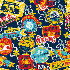 BasCalifornia kids surfing rider stickers patchwork with hibiscus background vector seamless patternic CMYK