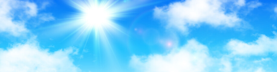 Sunny background, blue sky with white clouds and sun