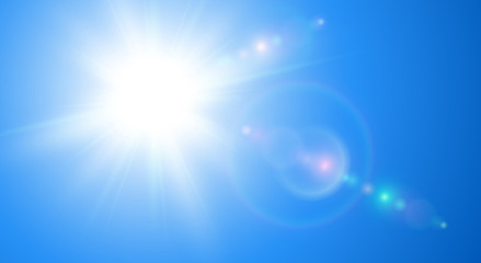 Sunny background, blue sky with sun and lens flare