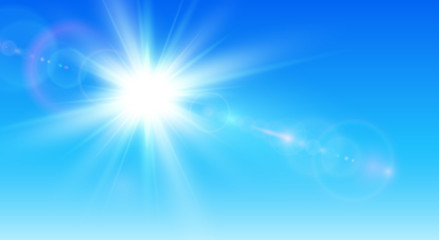 Sunny background, blue sky with sun and lens flare