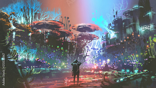 fantasy scenery of the man looking at colorful coral forest, digital art style, illustration painting