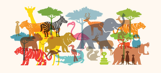 Group of Wild Animals, Zoo, Silhouette, Colourful Shape