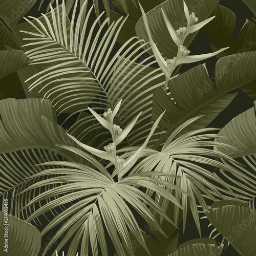 Exotic tropical background with hawaiian plants and flowers. Seamless khaki neo camo pattern with banana and royal palm leaves, bird of paradise flowers. Vector illustration. © Ms.Moloko