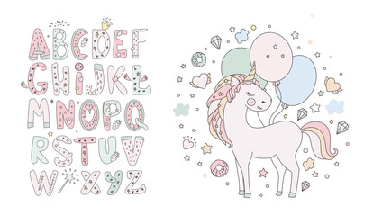 Unicorn vector sweet cute illustration. Magic fantasy design. Cartoon rainbow animal isolated horse. Fairytale unicorn print poster.
