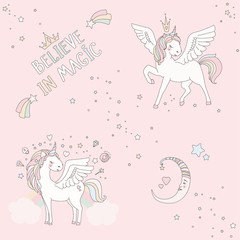Unicorn vector sweet cute illustration. Magic fantasy design. Cartoon rainbow animal isolated horse. Fairytale unicorn print poster.