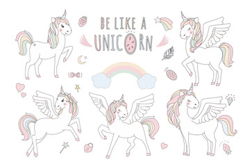 Unicorn vector sweet cute illustration. Magic fantasy design. Cartoon rainbow animal isolated horse. Fairytale unicorn print poster.
