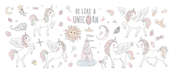 Unicorn vector sweet cute illustration. Magic fantasy design. Cartoon rainbow animal isolated horse. Fairytale unicorn print poster.