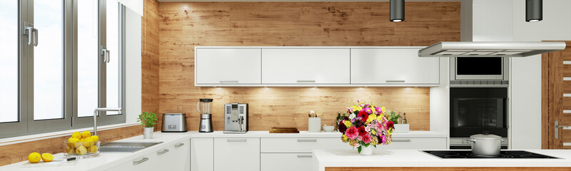 Moderne weiße Küche als Panorama