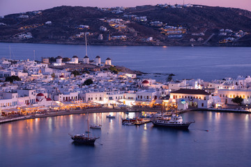 Mykonos port with boats and windmills, Cyclades islands, Greece