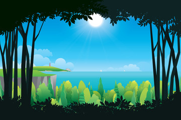 Scenery of sea view from inside the cave. Vector nature background